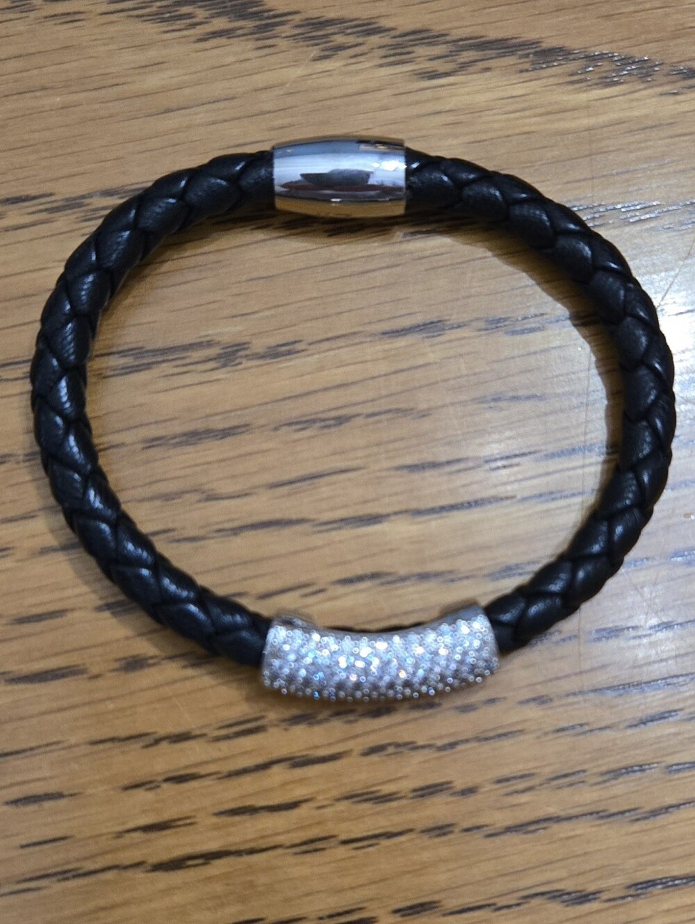 Liza Schwartz Black Braided Leather Bracelet with Pave Silver Accent